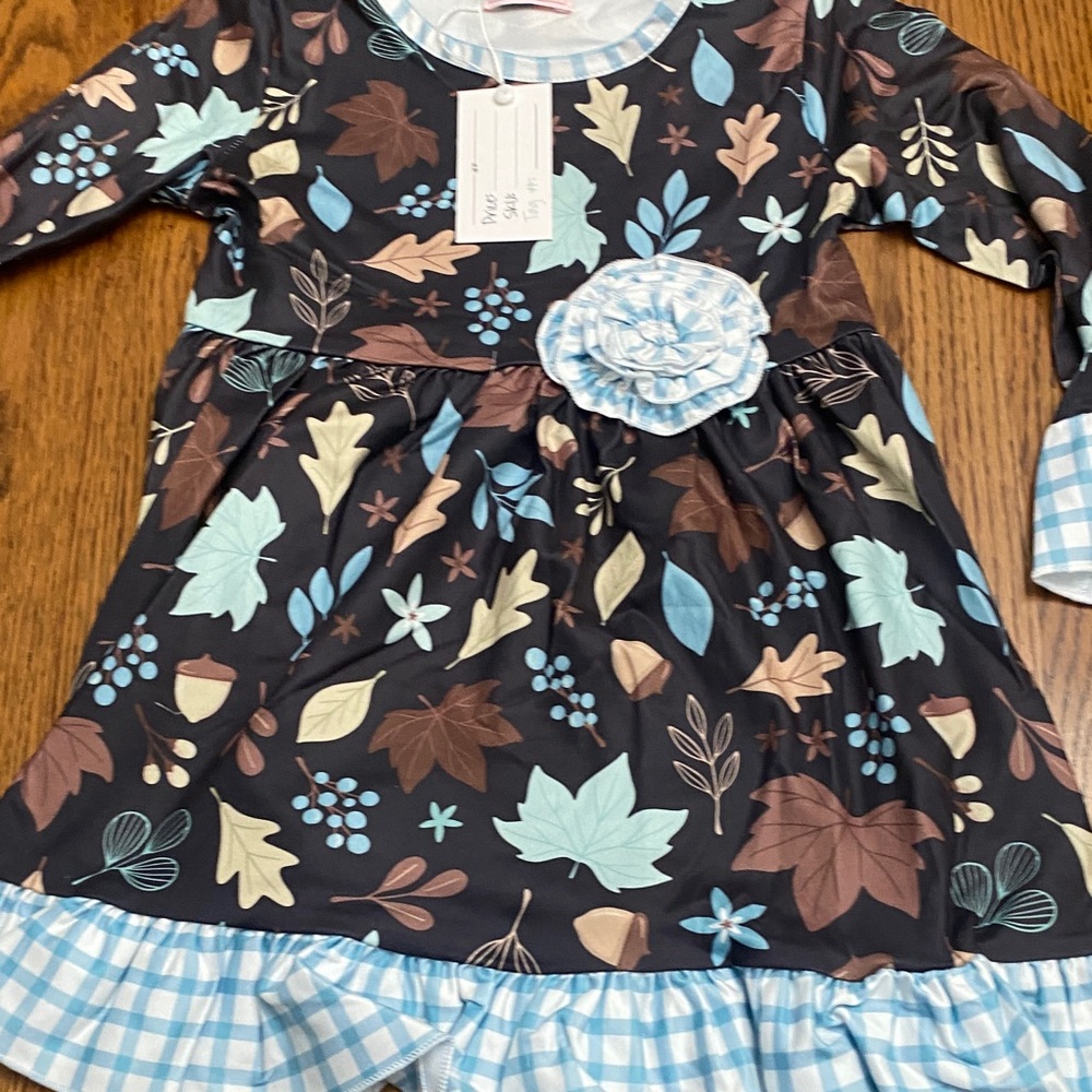 Floral Long Sleeve Kids Dress - Blue and Brown
